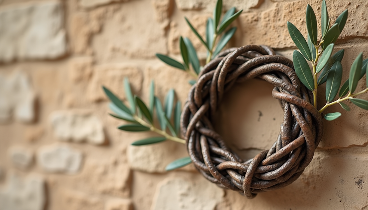 Eye-level view of a stone wall with intertwined olive branches