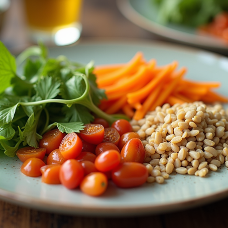 A modern balanced meal with vegetables, grains, and protein