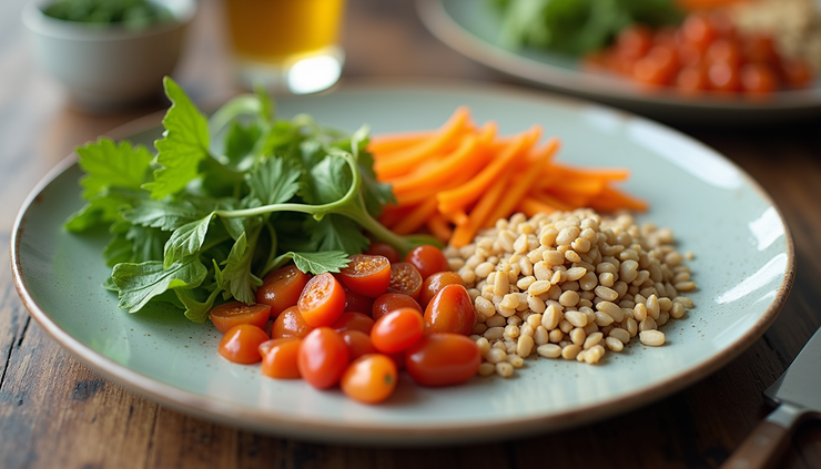 Eye-level view of a colorful plate with fresh vegetables, grains, and lean protein