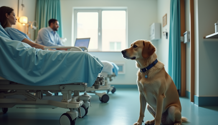 Eye-level view of a calm therapy dog sitting beside a patient in a hospital room