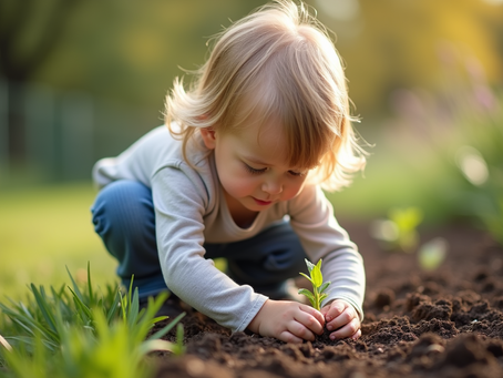 Child planting seeds in a garden bed, learning about food growth