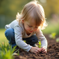 Child planting seeds in a garden bed, learning about food growth
