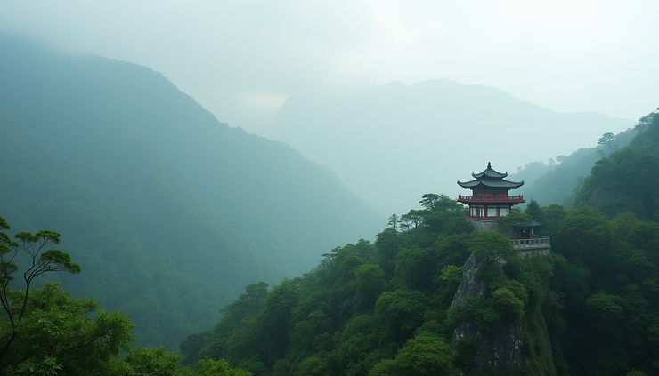 Eye-level view of a tranquil mountain temple surrounded by lush greenery