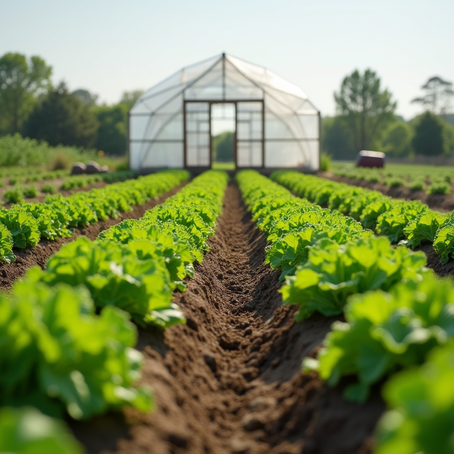 Community farm with diverse crops and greenhouse