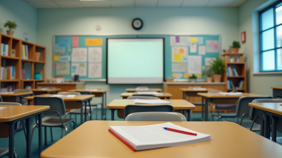 Eye-level view of a vibrant classroom filled with educational materials