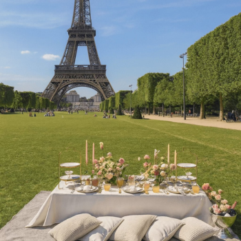 A beautifully styled picnic setup on the grass with low tables, pastel flowers, and candles, with the Eiffel Tower rising in the background on a sunny day
