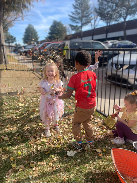 Young children of mixed races playing together outside on a sunny day with green grass