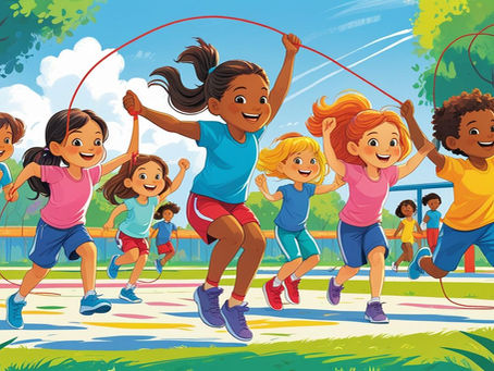 Children joyfully jump rope on a colorful playground under a sunny sky, surrounded by trees. Bright shirts and smiles convey excitement.
