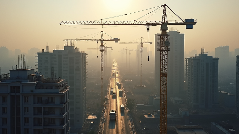 High angle view of construction site with cranes and buildings