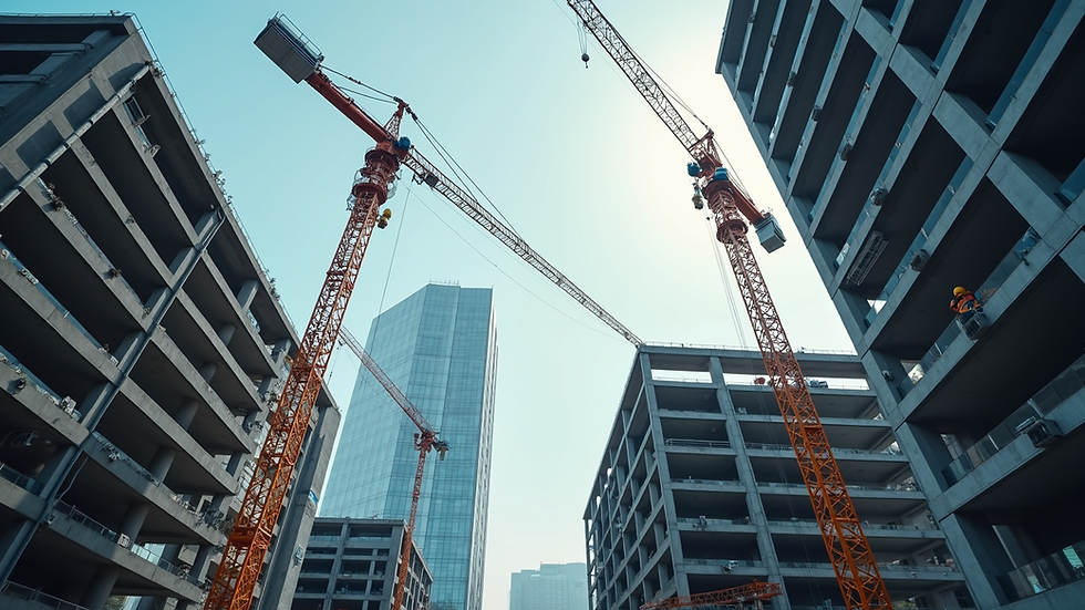 Eye-level view of a modern construction site with cranes and building framework
