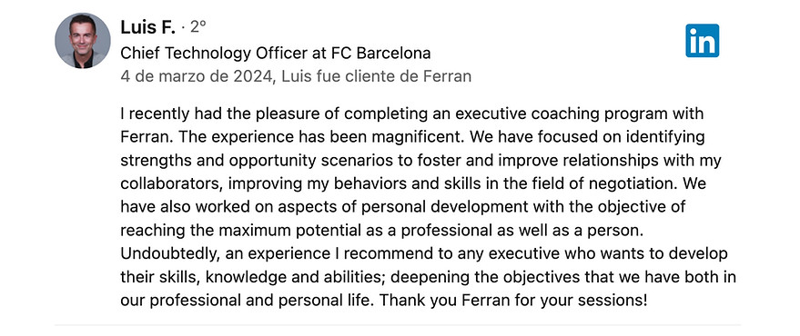 Ferran Tort – psychology and change management expert, client testimonial on leadership and AI transformation.
