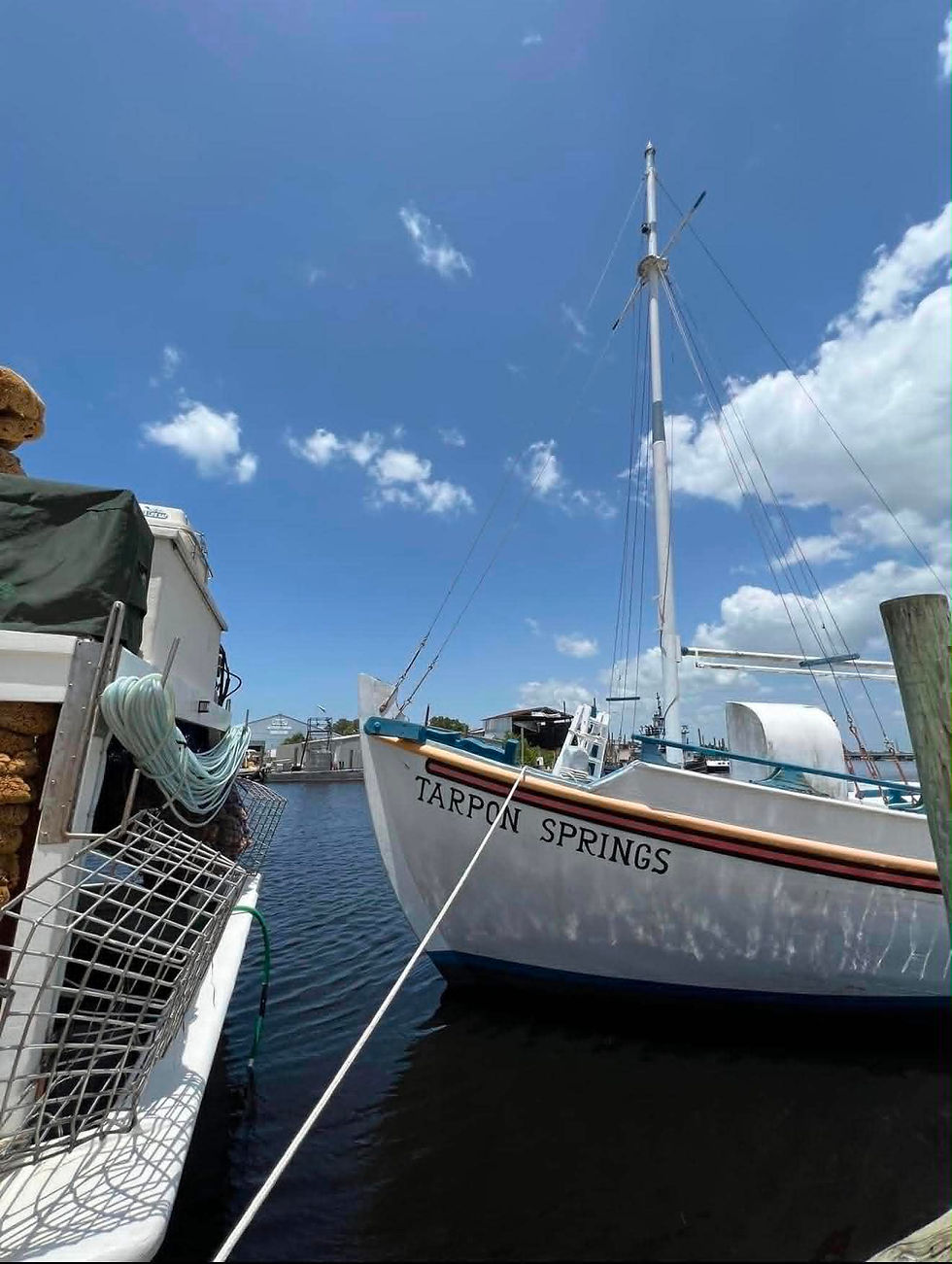 Boat with “Tarpon Springs” displayed on the side sitting at the Tarpon Springs Sponge Docks waterfront surrounded by historic sponge boats and local attractions.