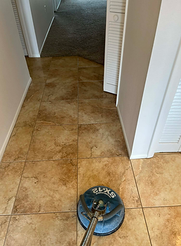 Professional tile and grout cleaning being performed in an Oldsmar Florida home by Suds Up Carpet Cleaning, restoring dirty grout lines and tile floors.