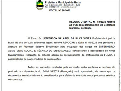 Butiá – Revogado, novamente, o Processo Seletivo Simplificado do Município