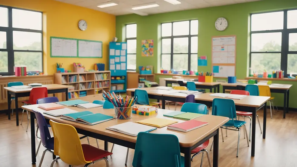 Eye-level view of a colorful classroom with organized learning materials