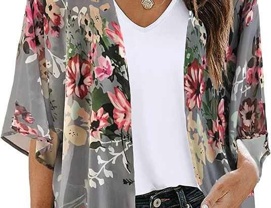 Women's Floral Print Puff Sleeve Kimono Cardigan Loose Cover-Up Casual Blouse Tops