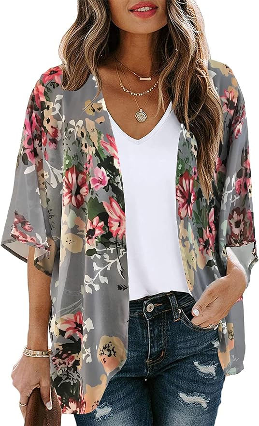 Women's Floral Print Puff Sleeve Kimono Cardigan Loose Cover-Up Casual Blouse Tops