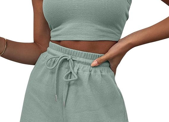 Lingswallow 2 Piece Women Lounge Sets - Sleeveless Crop Top and Shorts Waffle Lounge Set Tracksuits Sweatsuits for Women
