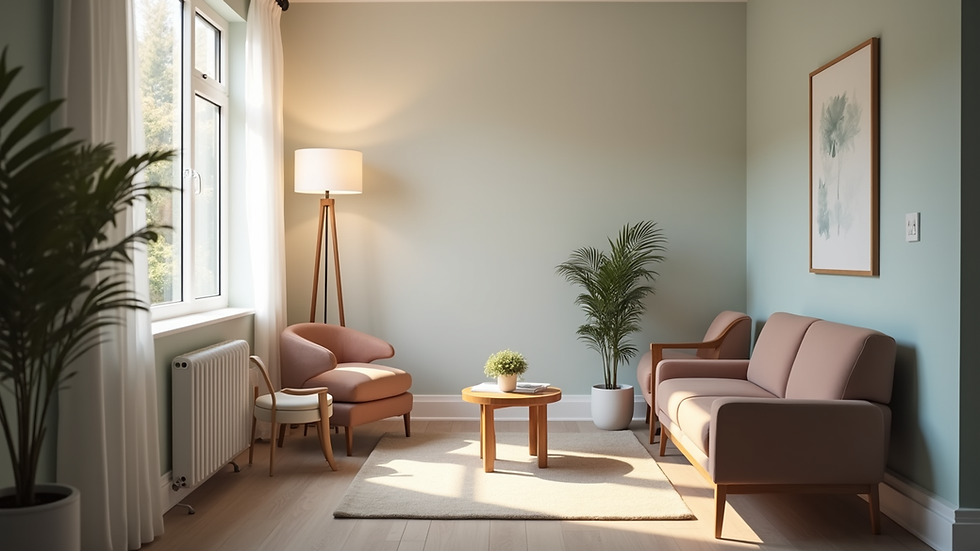 Eye-level view of a serene counseling room with comfortable seating