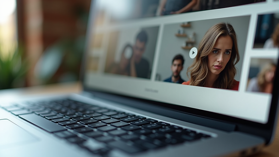 Close-up view of a laptop screen displaying a Wix portfolio template with video thumbnails