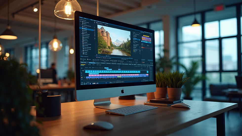 Eye-level view of a modern office workspace with a computer displaying video editing software