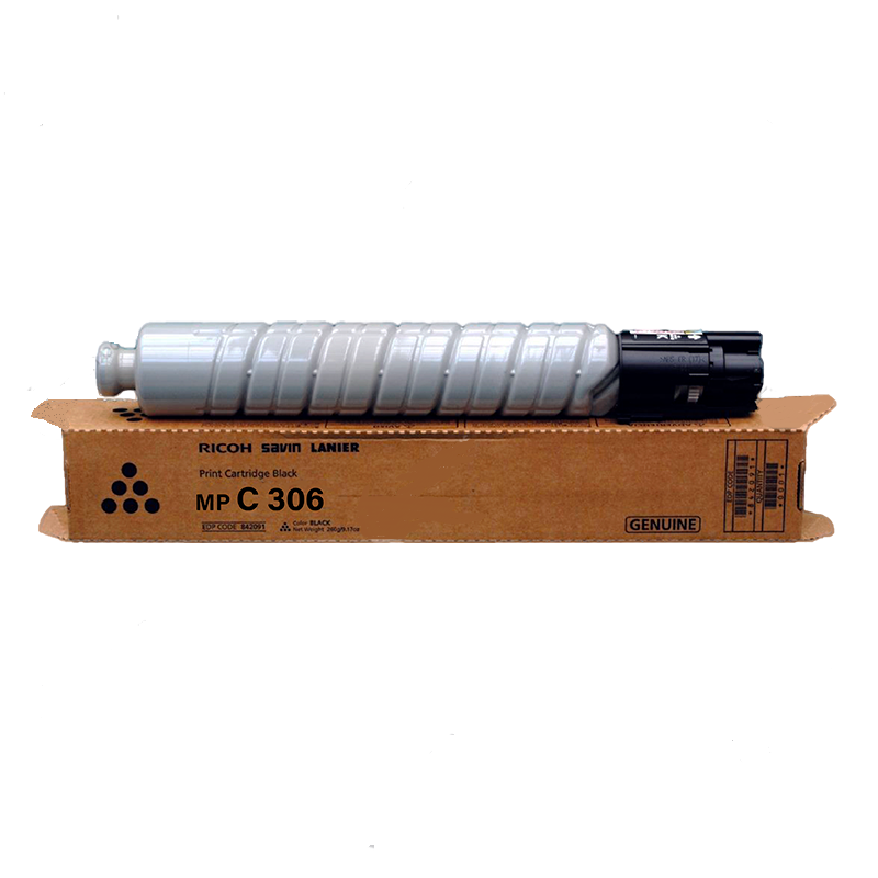 Cartucho de tóner genérico MPC 306 sobre su caja.
