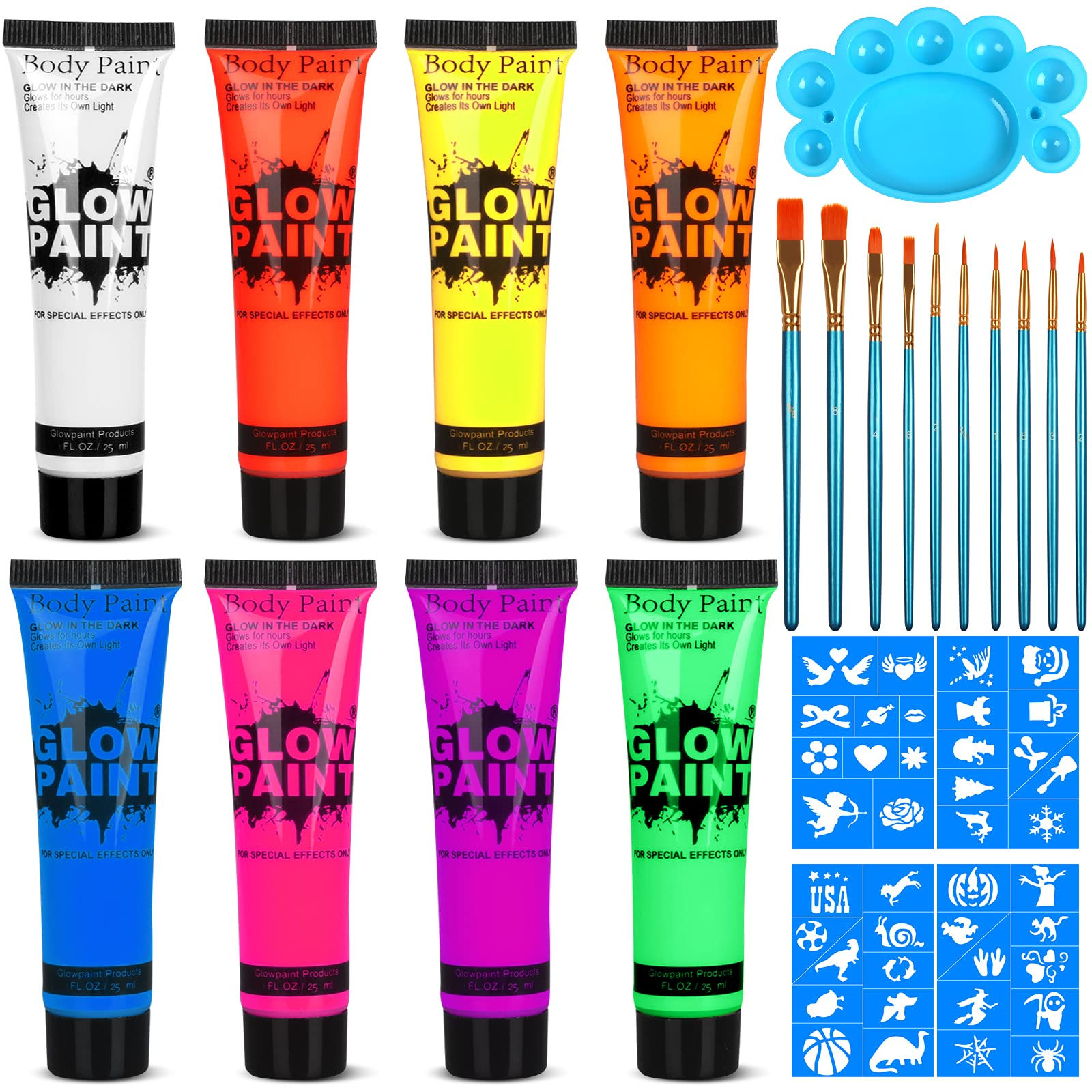 UV Blacklight Neon Face and Body Paint, 8 Tubes