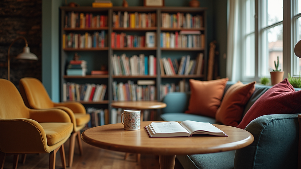 Eye-level view of a cozy reading nook with colorful bookshelves