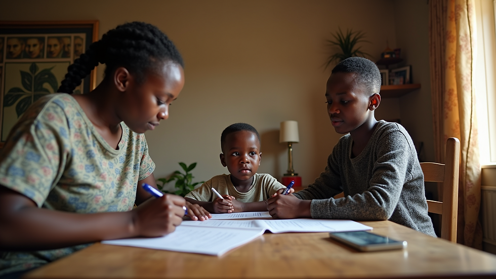 Eye-level view of a Kenyan family discussing insurance options at home