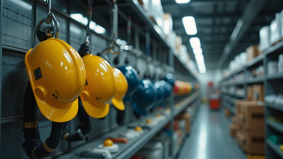 Eye-level view of a safety equipment display in a workplace
