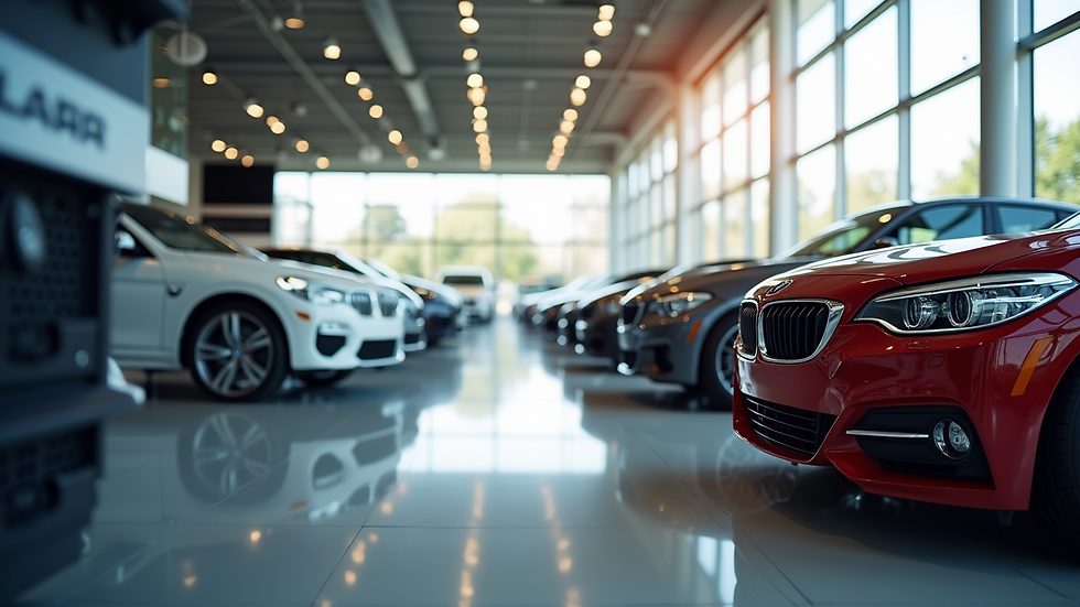 High angle view of a car dealership showcasing various models