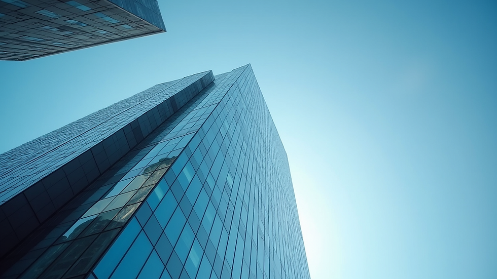 Eye-level view of a modern office building with clear blue sky