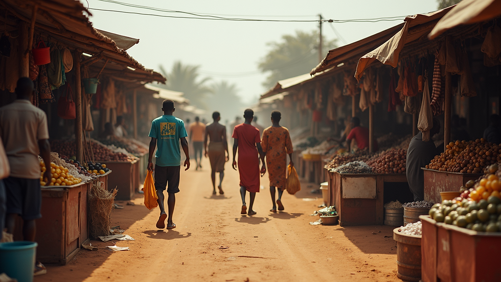 Wide-angle view of a bustling Kenyan marketplace