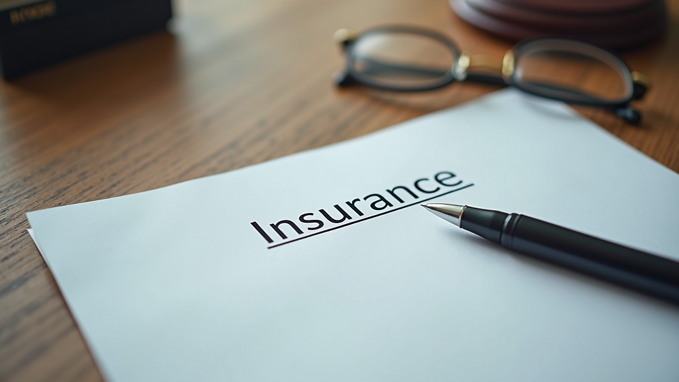 Close-up view of insurance papers resting on a wooden desk
