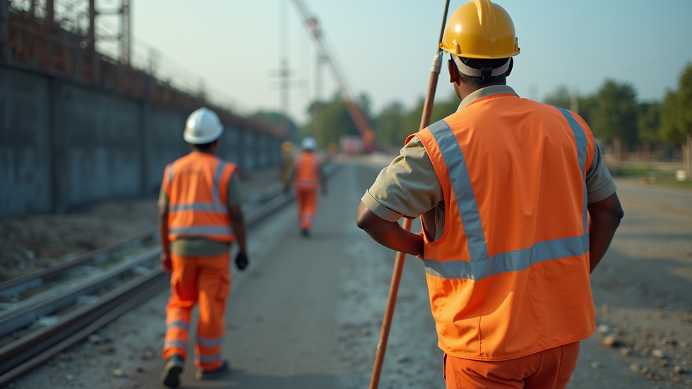Wide angle view of a construction site with workers wearing helmets