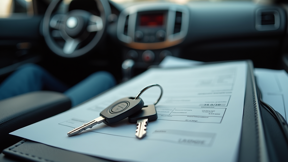 Eye-level view of a car dashboard showing insurance documents and keys