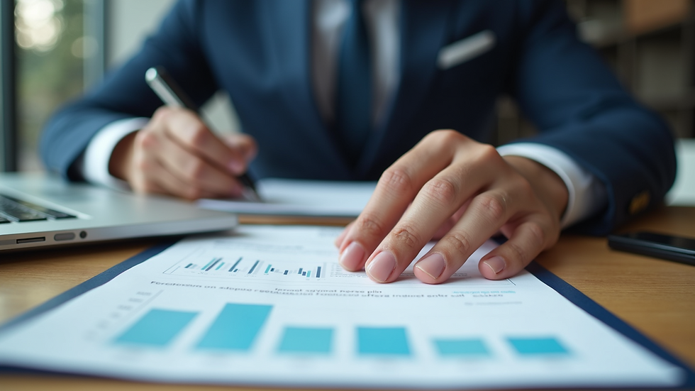 Close-up view of a business owner reviewing insurance documents at a desk