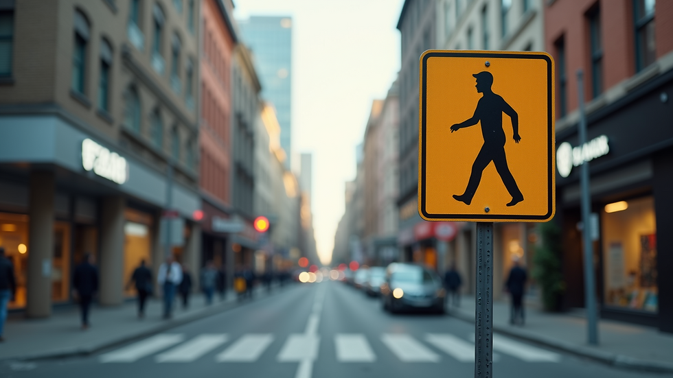 Wide angle view of a business location with a traffic sign warning pedestrians