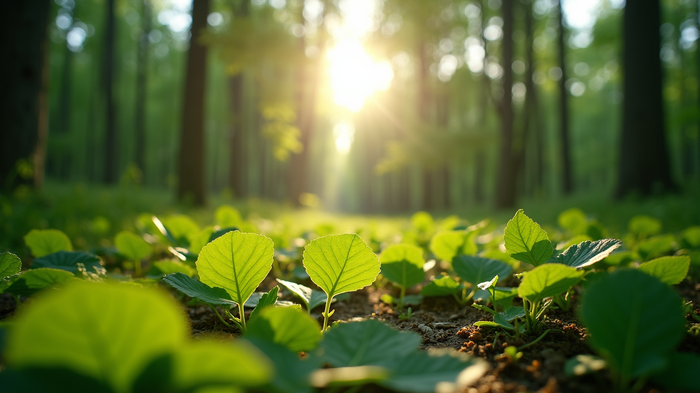Eye-level view of a lush green forest with sunlight filtering through the leaves