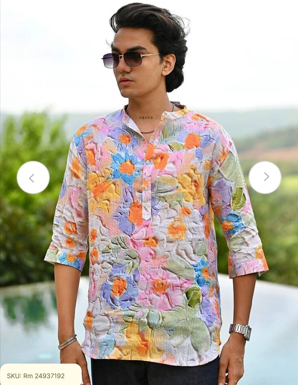 Thumbnail: Comfort Fit Floral Printed Mandarin Collar Casual Linen Shirt