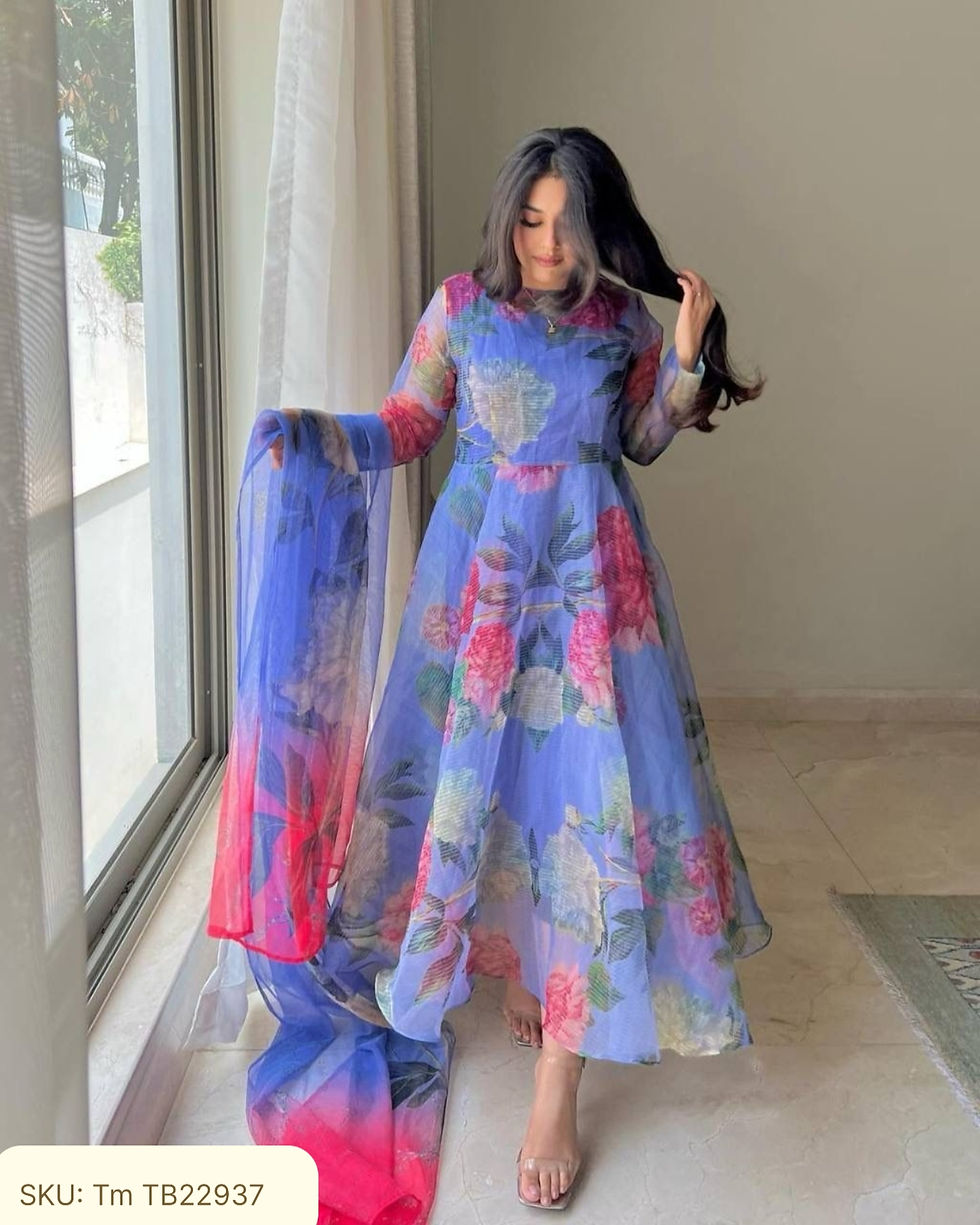 Thumbnail: Charming Three-Piece Suit: Gown, Pant, and Dupatta Set