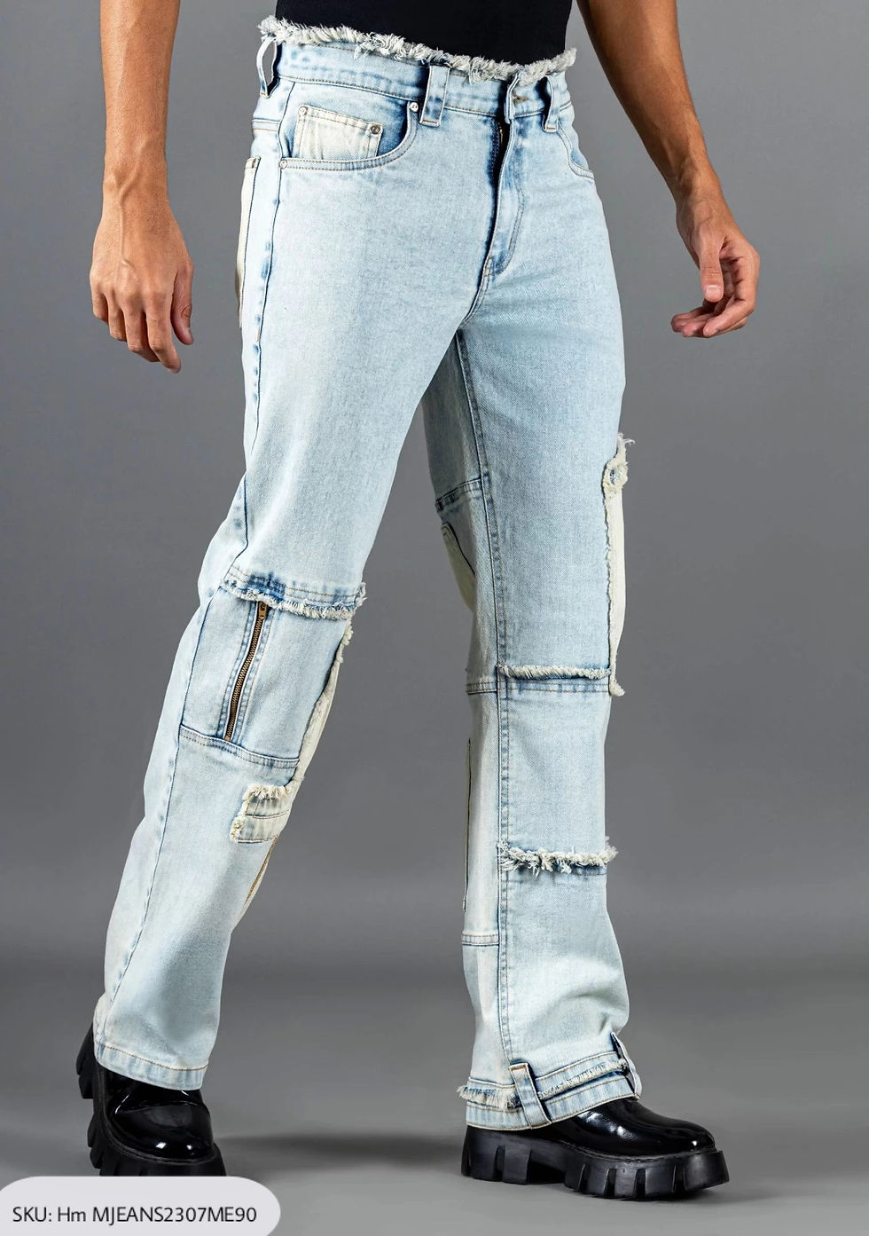 Thumbnail: Light Blue Patchwork Wide Leg Men's Jeans