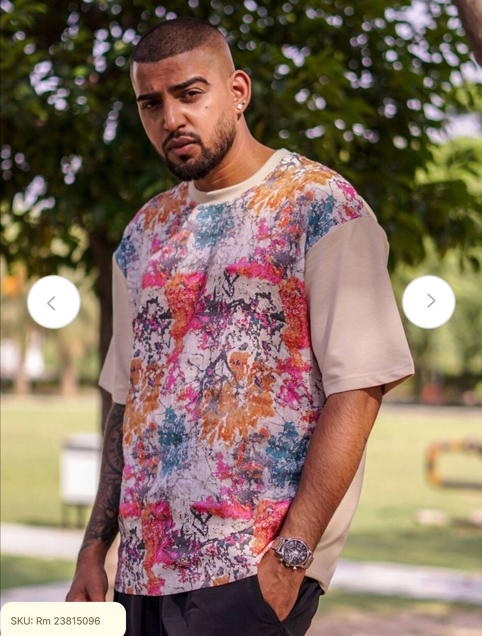 Thumbnail: Abstract Printed Extended Sleeves Linen Raw Edge Loose T-Shirt