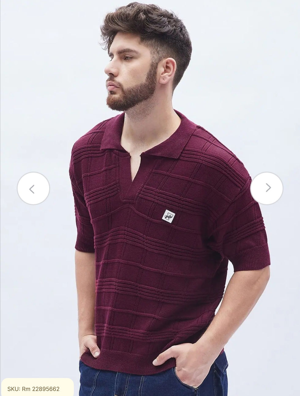 Thumbnail: Maroon Self Design Polo Collar Oversize Fit Pure Cotton T-shirt