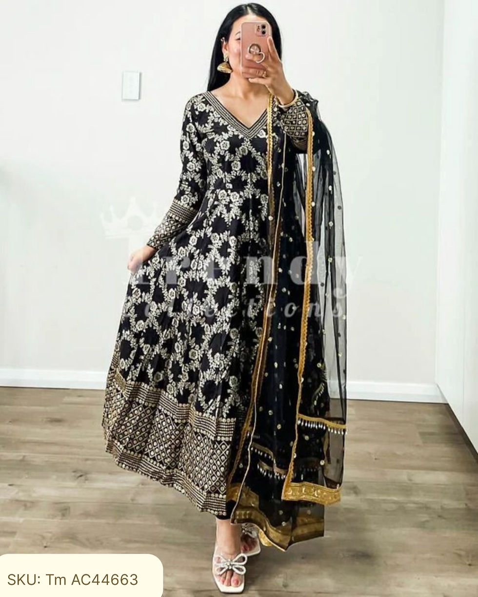 Thumbnail: Glamour in a Set: Gown, Payjama, and Dupatta Ensemble