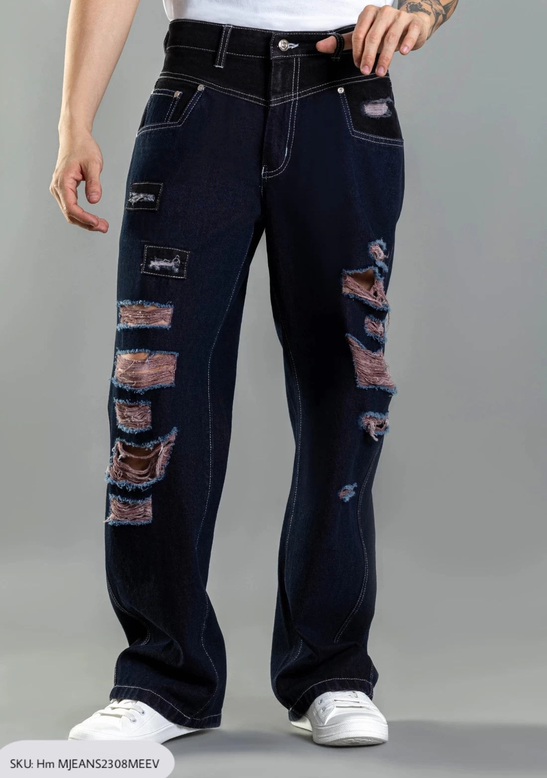 Two Tone Wide Leg Distressed Men's Jeans
