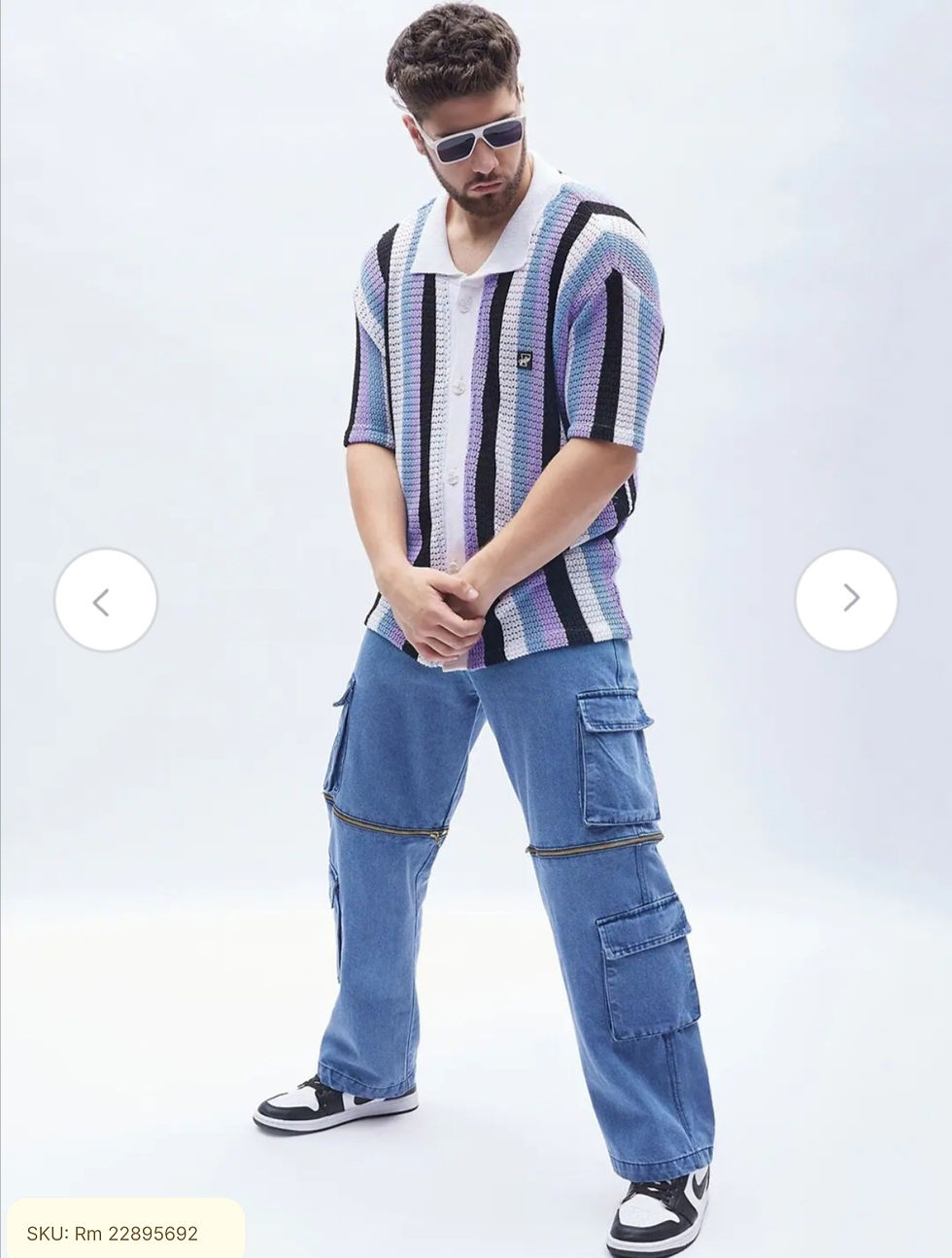 Thumbnail: White & Black Relaxed Boxy Semi Sheer Striped Knitted Shirt