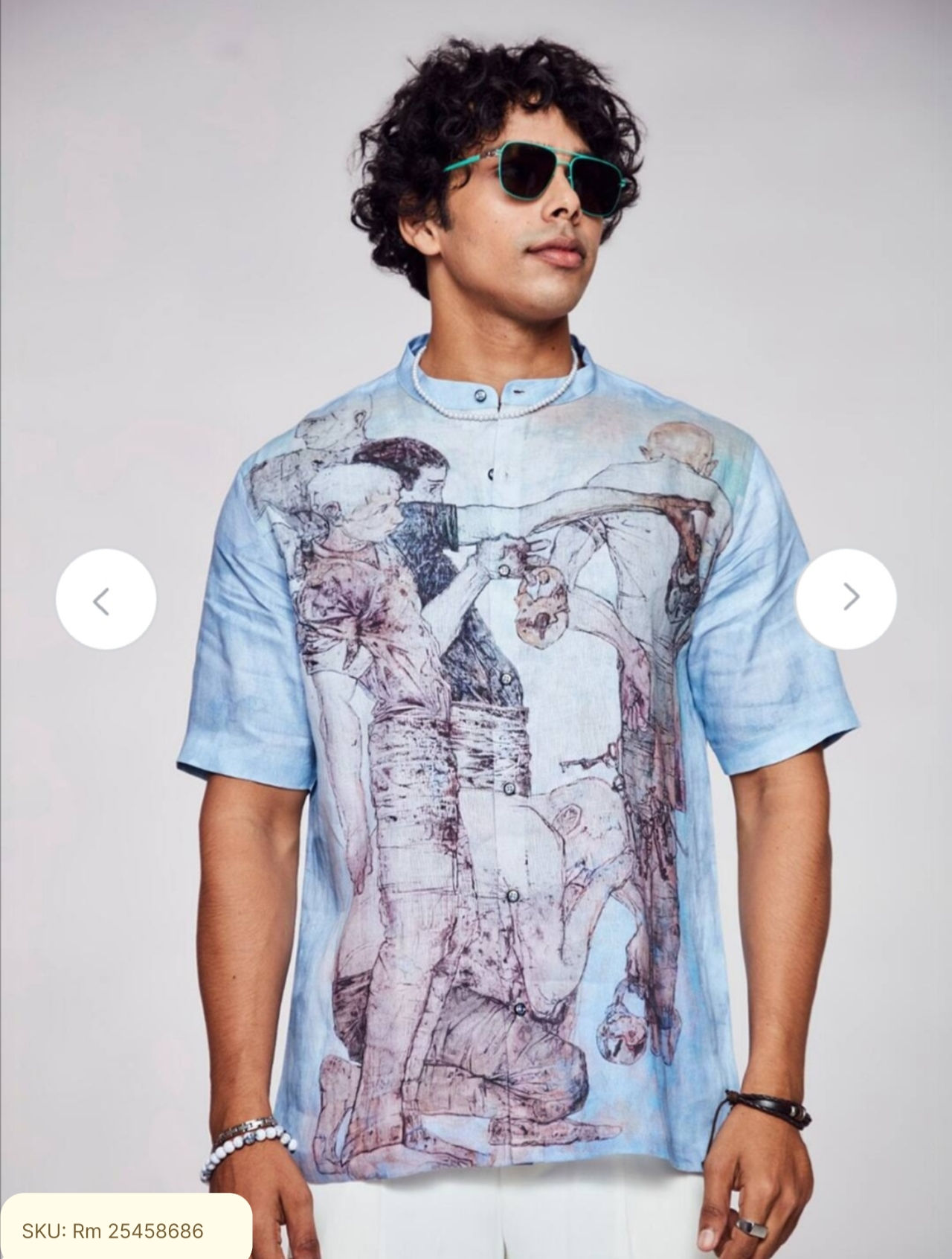 Comfort Conversational Printed Band Collar Linen Casual Shirt