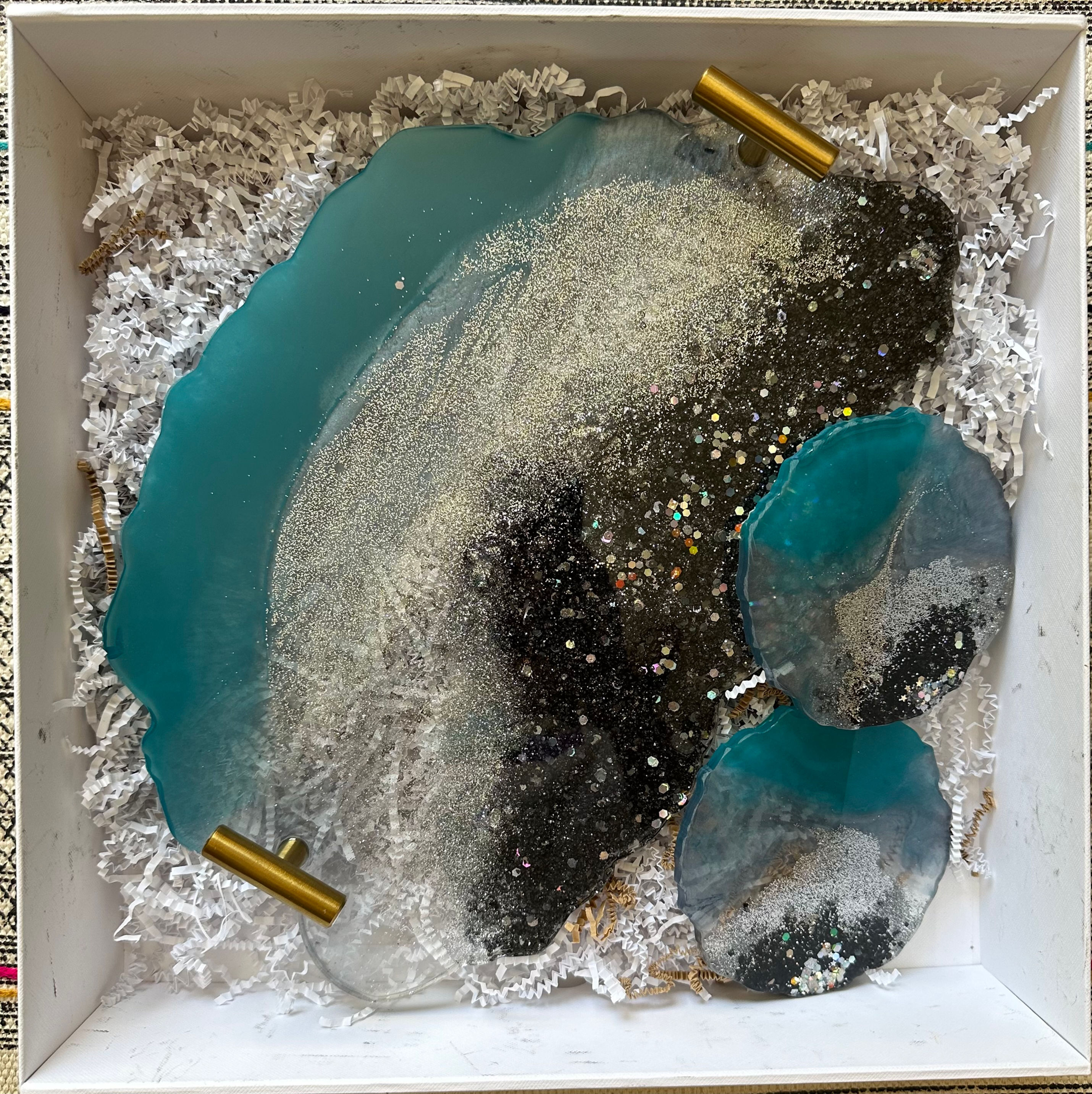 G201092- Stone blue Resin Tray + Coaster set