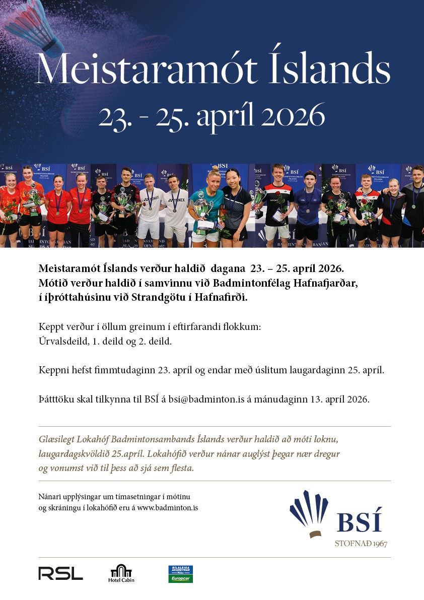 Meistaramót Íslands 2026, hefst fimmtud. 23.4´26 kl. 09